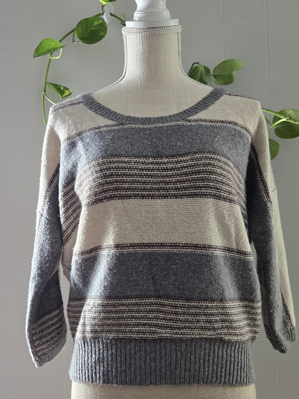 Splendid Striped Crewneck Sweater in Gray and Cream